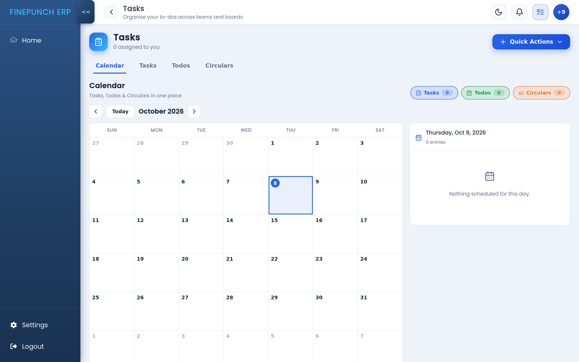 UExcess ERP tasks workspace, shown in the Finepunch ERP demonstration environment: a monthly calendar for October 2026 with Tasks, Todos and Circulars tabs, a day panel and a Quick Actions button, shown in a demonstration organisation